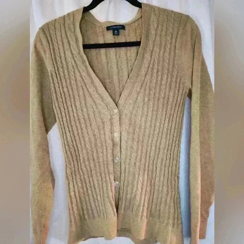 Lands End Cable Knit Cardigan Beige Girls Medium 10/12